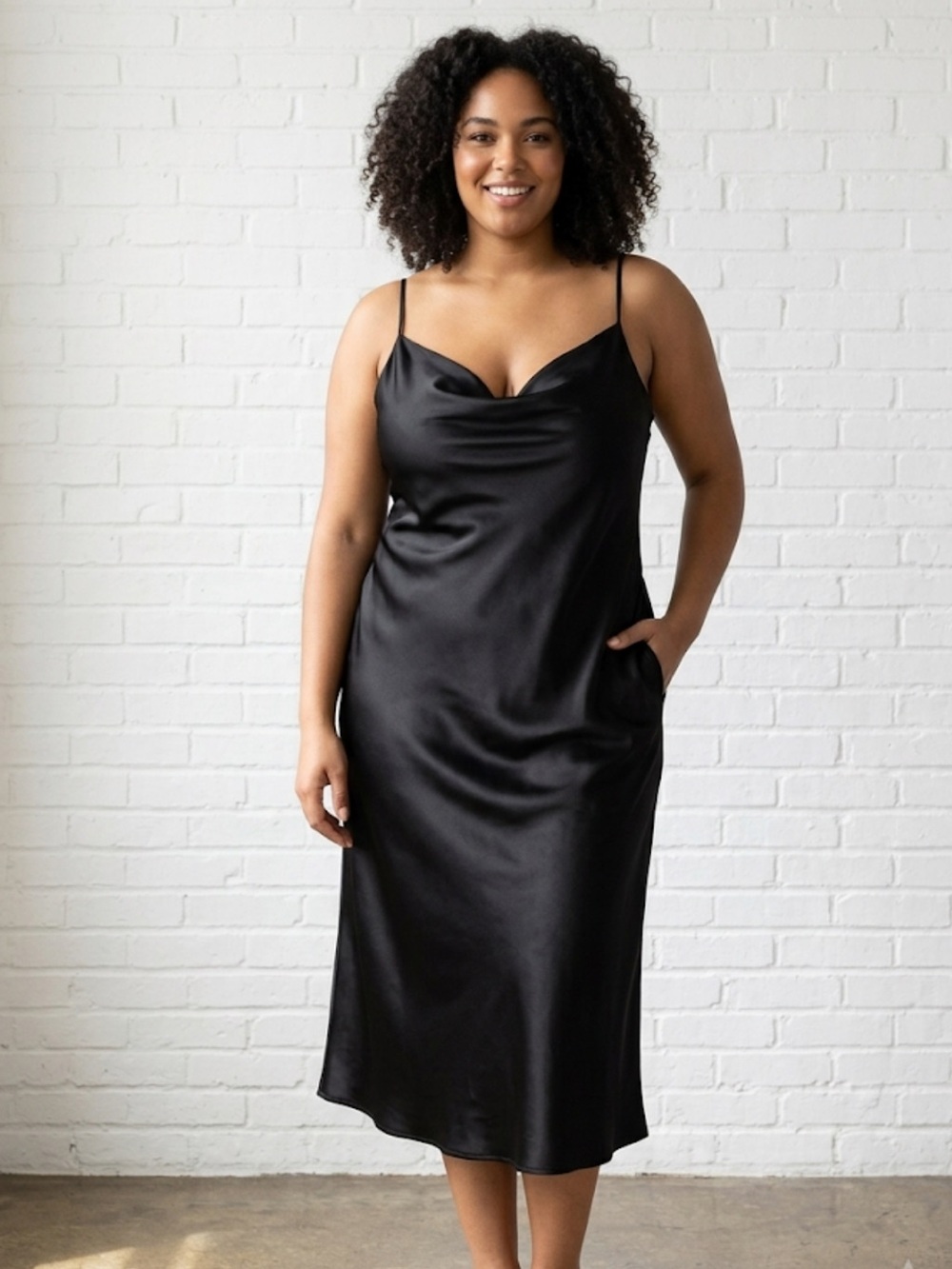 Bebe Black Runch Neck Quite Luxury Satin Dress Minimalist Timeless Size L NWT